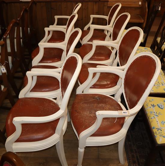 A set of eight Adam style open armchairs, with white-painted moulded frames and leather-upholstered backs and seats